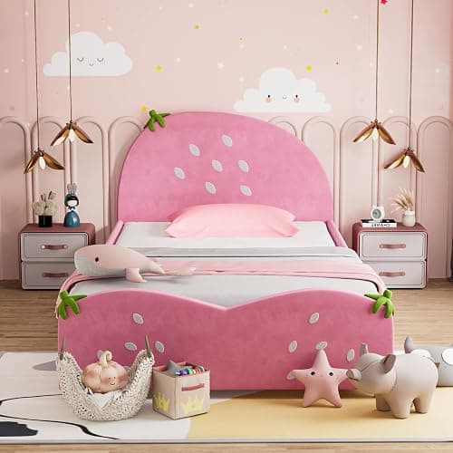 HONEY JOY Twin Bed Frames for Kids, Toddler Wooden Twin Bed Platform w/Headboard & Slat Base, No Box Spring Needed, Children Bedroom Furniture for Boys Girls, Fits Standard Twin Mattress, Strawberry - Image 1