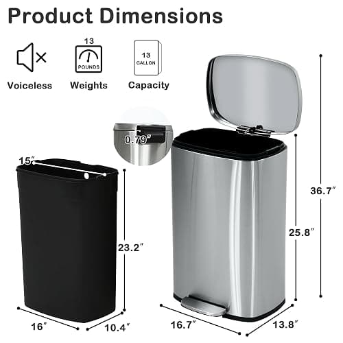 BIQWBIC 50 Liter / 13 Gallon Kitchen Trash Can, Stainless Steel with Lid, Foot Pedal and Inner Bucket, Fingerprint-Resistant Soft Close Lid Garbage Can, Odor Proof and Hygienic - Stainless Steel thumbnail 6