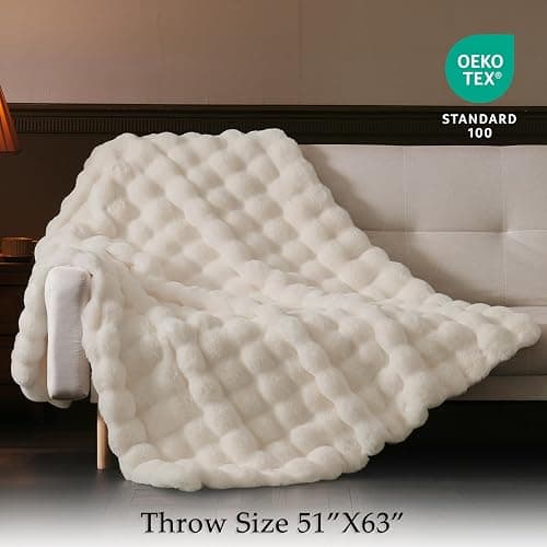 BENVWE Faux Fur Throw Blanket for Couch - Thickened Fluffy Soft Bubble Blanket for Living Room Home Decor - Mothers Day Birthday Gifts for Women Men, Cream White, 50" x 60", 1300GSM thumbnail 2