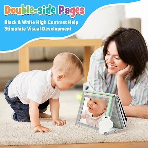 Dr.Rapeti Soft Tummy Time Book Baby Safe Mirror with Teether Crinkle Pages Tummy Time Mirror High Contrast Montessori Sensory Toy Tummy Time Toy for Newborn Baby Infant for 0+ thumbnail 4