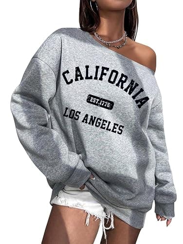 SOFIA'S CHOICE Women's Off Shoulder Sweatshirt Letter Graphic Oversized Long Sleeve Shirt Pullover thumbnail 3