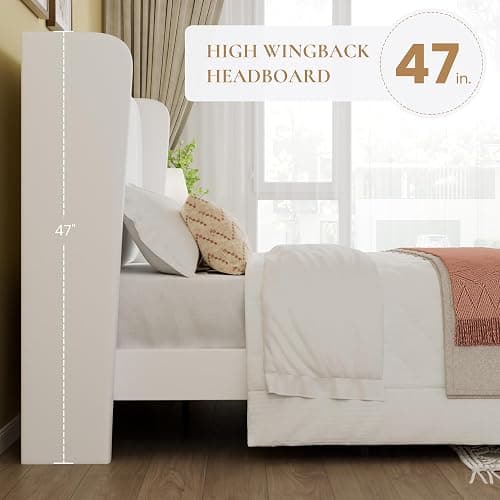 SHA CERLIN Full Size Velvet Upholstered Platform Bed Frame with Vertical Channel Tufted Wingback Headboard, Wooden Slats Support, Easy Assembly, Under Bed Storage, No Box Spring Required, White thumbnail 5