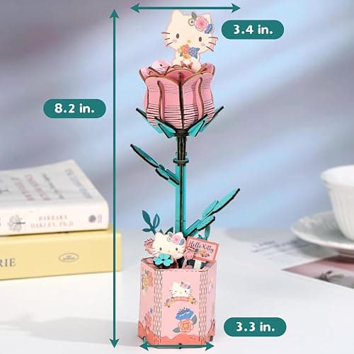 Hands Craft Hello Kitty and Friends Pink Rose 3D Wooden Puzzle Kit | DIY Flower Model | Arts & Crafts for Adults & Kids | Creative Hobby Kits | Hello Kitty Collectible | Wood Building Set thumbnail 3