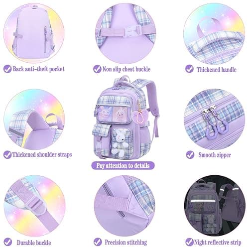 PIKBEAR Girls Backpack Set,Kid School Backpack with Lunch Bag and Pencil Case,Cute Rabbit Bookbag for Elementary (Purple-Bunny) thumbnail 5