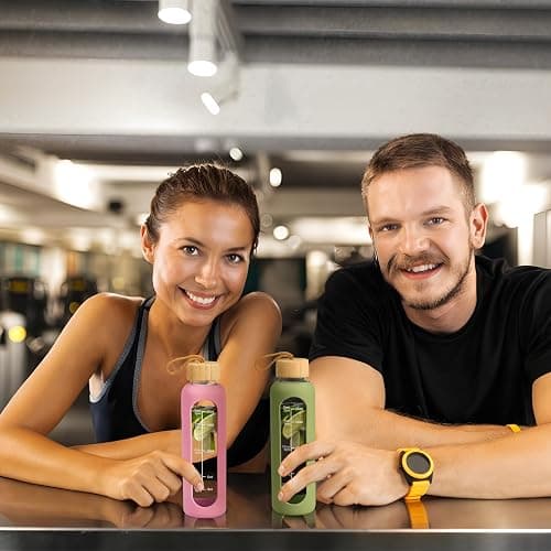 Glass Water Bottles 18oz/550ML, Water Bottle with Time Marker, Leakproof Glass Water Bottles with Silicone Sleeves, Suitable for Offices and Gyms, Pink thumbnail 2