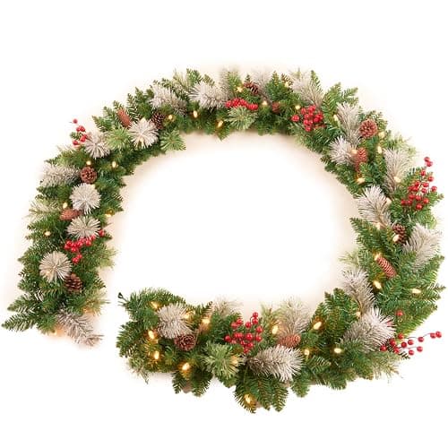 Amaoasis Christmas Garland Prelit 9 Ft with 50 Led Lights, Pine Cone and Snow Flocked Xmas Garland, Battery Operated Christmas Decor for Mantle Stair Indoor Outdoor - Image 1