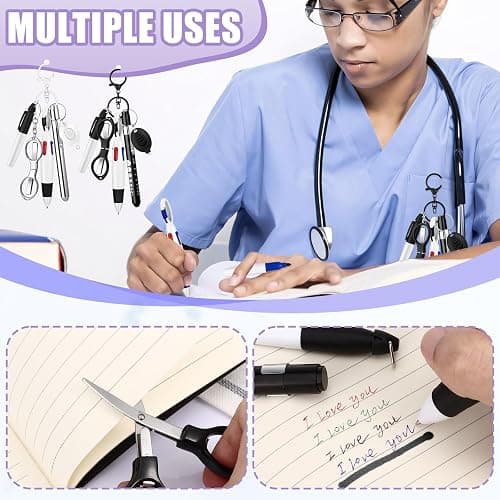12 pcs Nurse Pen Set Two Colors Black Silver Include Permanent Marker Pen Pen Lights for Nurses Retractable Ballpoint Pen Nursing Keychain Clip Foldable Scissors LED Flashlight Keychain for Nurses thumbnail 4