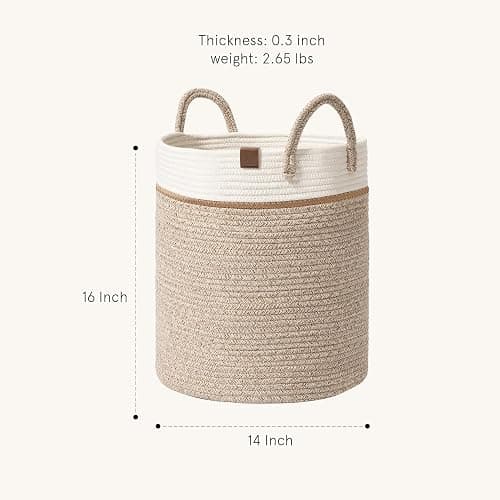 LA JOLIE MUSE Woven Basket Rope Storage Baskets - Tall Cotton Basket 16 x 14 x 14 Inches, Laundry Basket for Blanket, Kids Toy, Nursery Clothes Hamper Basket White & Desert thumbnail 3