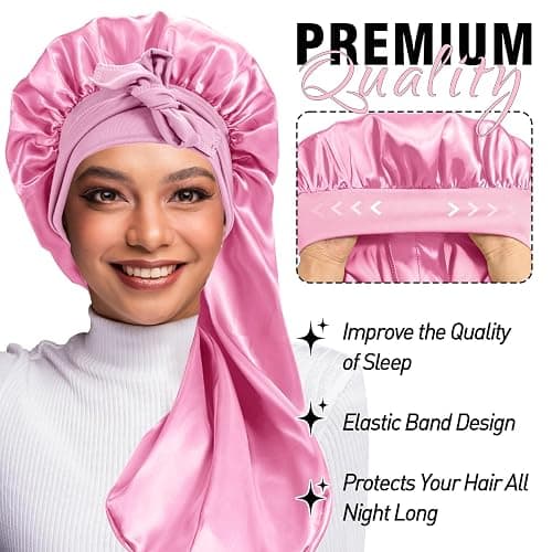 2Pcs Bonnets for Women Sleeping Braid Bonnet, Large Long Satin Silk Bonnet for Braids, Black Women Braid Bonnets with Stretchy Tie Band for Sleeping Extra Long (Pink & Leopard) thumbnail 2