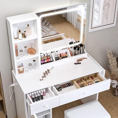 IRONCK Vanity Desk with LED Lighted Mirror & Power Outlet, Makeup Table with Drawers & Cabinet,Storage Stool, White thumbnail 2
