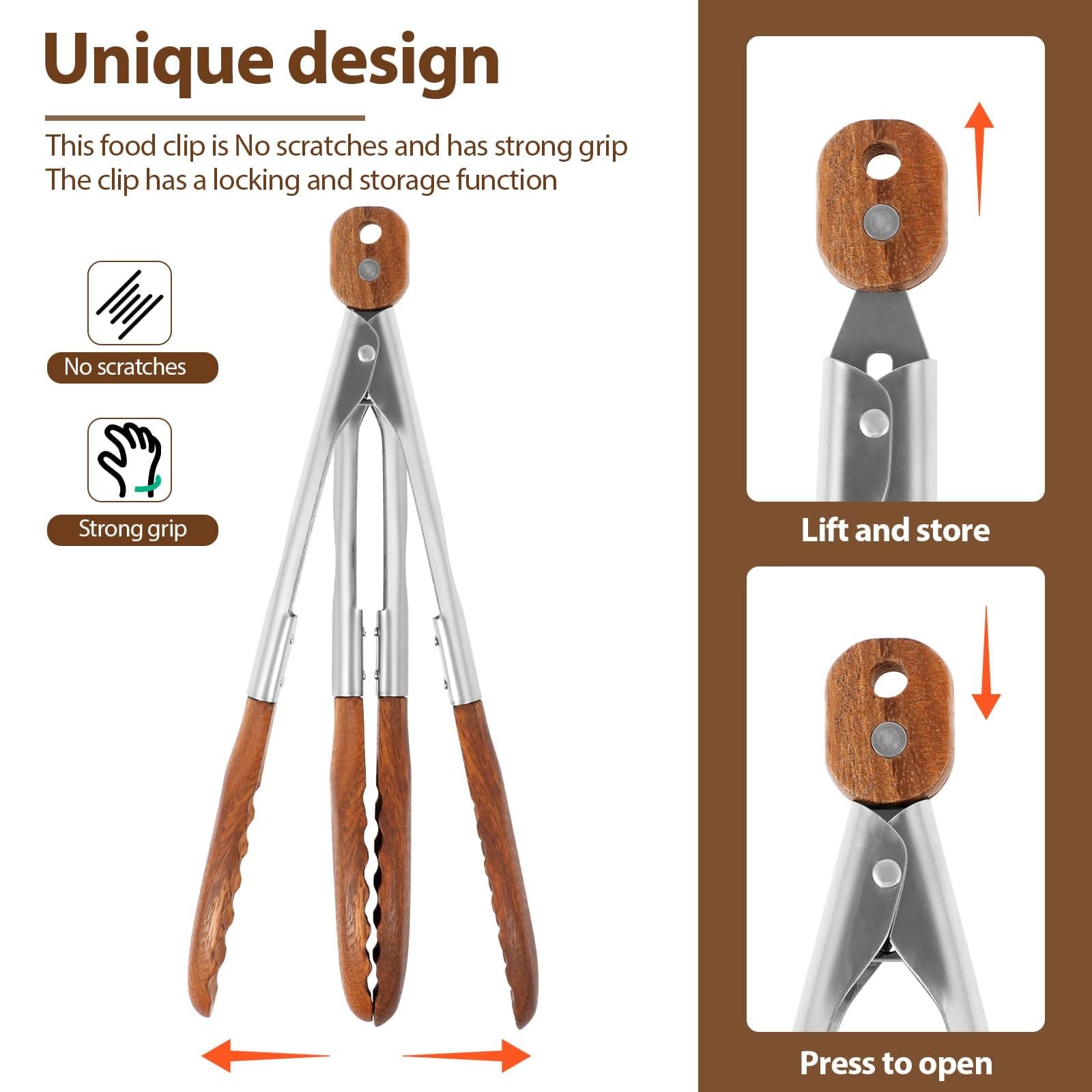 2 Pcs Walnut Wooden Kitchen Tongs Wood Food Tongs Salad Tongs with Wooden Tips, Locking Tongs Wood Serving Tongs for Flipping Cooking Grilling thumbnail 4