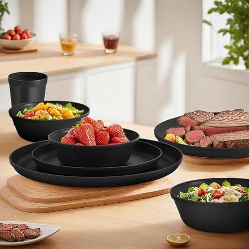 40 Piece Plastic Dinnerware Set for 8 with Cutlery, Unbreakable Plates and Bowls Set, Dishwasher & Microwave Safe Reusable Dish Set for Camping, RV, Outdoor Kitchen, Apartment Dining, Black thumbnail 2