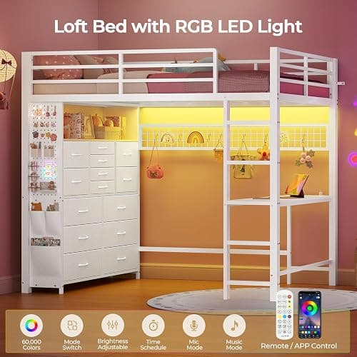 ADORNEVE Twin Loft Bed with Desk,14 Storage Drawers & Power Outlet, Kids Loft Bed Twin Size with LED Lights, Pegboard, Metal Loft Beds with Safety Guardrail & Ladder, Space Saving for Teens, White thumbnail 4