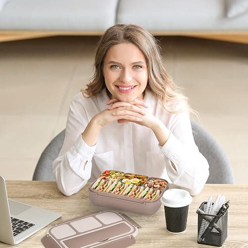 Bento Box Adult Lunch Box, Containers for Adults Men Women with 4 Compartments, Lunchable Food Container with Utensils, Sauce Jar, Muffin Liners, 40 Oz/5 Cup, Microwave & Dishwasher Safe, Brown thumbnail 2