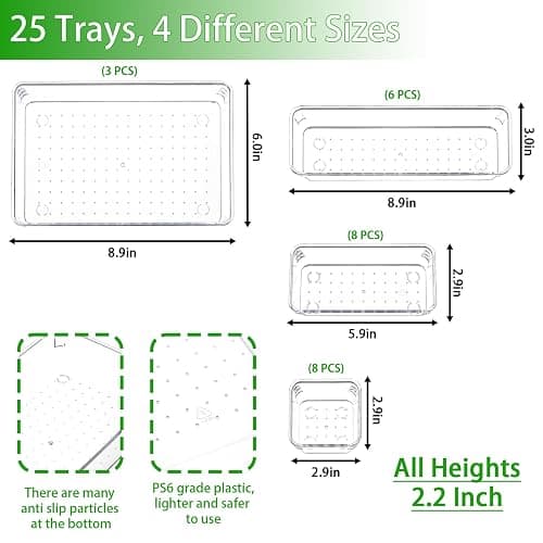 25 PCS Plastic Clear Drawer Organizer Set, 4 Sizes Desk Office Drawer Organizing Trays and Divider,Storage Bins for Makeup,Snack,Jewelry,Kitchen,Bedroom, Bathroom vanity Accessories Containers - Pack of 25 thumbnail 2