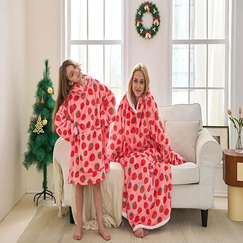 TSUTOMI Wearable Blanket Hoodie, Oversized Sherpa Wearable Hooded Blanket,Warm Cozy Sherpa Hoodie Gifts for Women Girls Adult Strawberry thumbnail 9