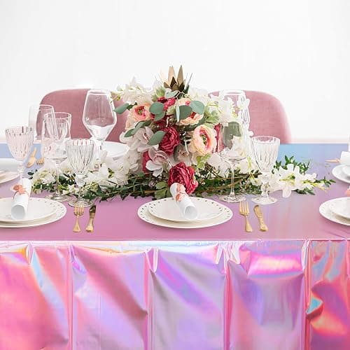 4 Pack Iridescent Pink Plastic Tablecloths, FunnyPars Shiny Disposable Laser Rectangle Table Covers, Holographic Foil Tablecloth Iridescent Party Decorations for Kpop Birthday Wedding Xmas, 54x108Inch thumbnail 2