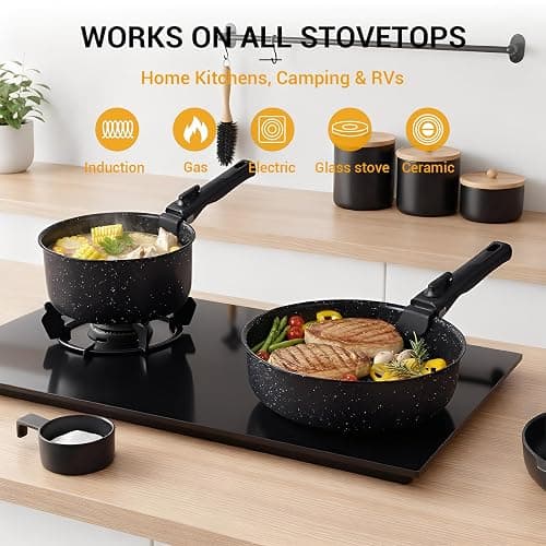 Ammeloo 21 Pcs Pots and Pans Set Non Stick, Ceramic Kitchen Cookware Set with Detachable Handle, Non Toxic Cooking Set for Kitchen, RV, Camping and Fridge, Induction Ready, Dishwasher/Oven Safe, Black thumbnail 5