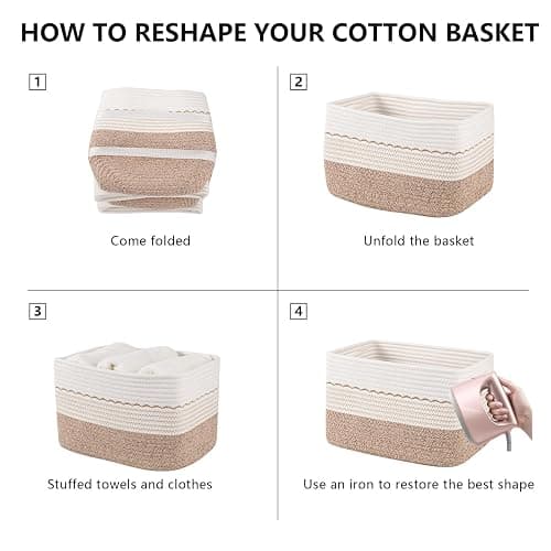 OIASKET 4 Pack Storage Baskets for Organizing, 13"X9"X7.87", Decorative Cotton Rope Baskets for Shelves, Small Woven Basket for Toys, Books and Towels, Brown & White thumbnail 9