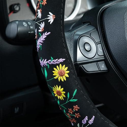 Embroidered Sunflower Lavender Cute Black Steering Wheel Cover, Auto Anti-Slip Breathable Steering Wheel Protector, Butterfly Floral Car Accessories for Women,Universal Size Fit Most Cars -15 inch thumbnail 3