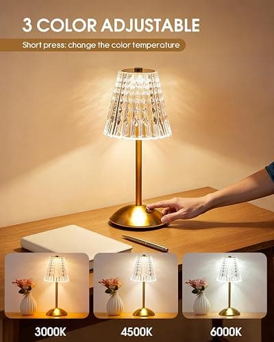 Nusogon Rechargeable Cordless Table Lamp, Touch Control Crystal Desk Lamp with 3500mAh Battery, 3 Color Dimmable LED Small Lamp for Bedroom Bedside Restaurant Kitchen Home Decor thumbnail 3
