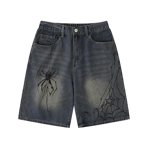 POHADON Y2K Blue Denim Shorts Summer Casual Loose Straight Leg Unisex Baggy Jeans Shorts Jorts Grunge Harajuku Streetwear - Small - Spider