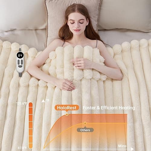 HaloRest Heated Throw Blanket, Faux Fur Cozy Electric Blanket 50''*60'' | Heating Blanket with Overheat Protection, 1/2/3/4 Hours Auto-Off 6 Heat Levels, Machine Washable(Cream White) thumbnail 5