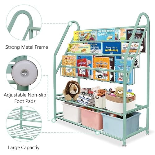 aboxoo Metal Kids Bookshelf Green Freestanding for Children Room 32 in Toy Organizer Book Unit Storage Large Green Stable Bookcase Bookstore Living Room Bed Room Library thumbnail 5
