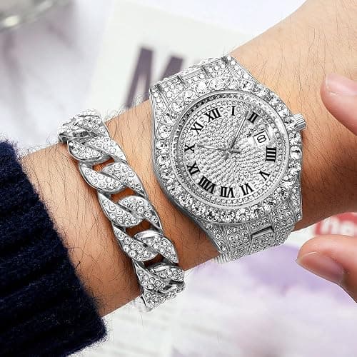 HUNRUY Hip Hop Watches for Men Iced-Out Bling Diamond Luxury Quartz Watches with Date thumbnail 3