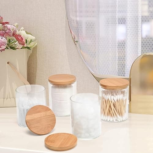 BKYFPQ 4 Pack Glass Qtip Holder Dispenser Set - Apothecary Jars with Lids for Vanity Makeup Organizer - Bathroom Canister Storage Organizer for Cotton Ball,Swab,Round Pads,Floss - 4pcs thumbnail 5