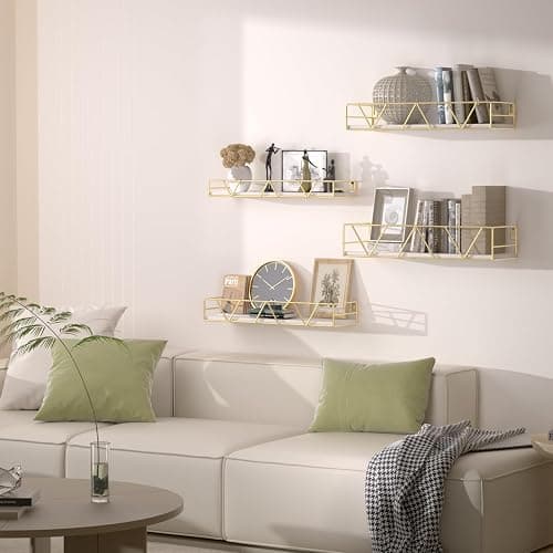 Amaoot Floating Shelves Set of 3, Home Wood Wall Shelf, Farmhouse Shelf for Bedroom, Wall Mounted Floating Shelf for Living Room, Bedroom, Bathroom, Kitchen, Office (Gold-4pcs) thumbnail 2