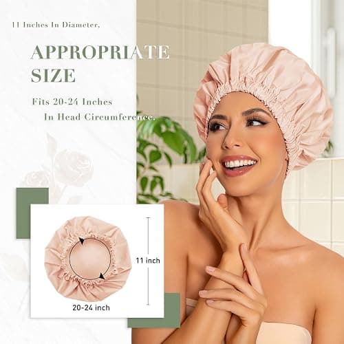 Reusable Shower Cap for Women, Large Waterproof Shower Essentials Bonnet Washable Elastic Band Bath Hair Wrap Hat for Long Hair, Braids(Pink&Beige) thumbnail 3
