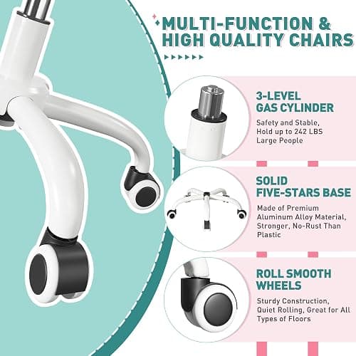 DurayLoly Home Office Chair with Wheels Soft-Touch Material,Modern Cute Vanity Chair with Back Adjustable Height Upholstered Comfy Desk Chairs with Side Pockets for Bedroom,White thumbnail 7