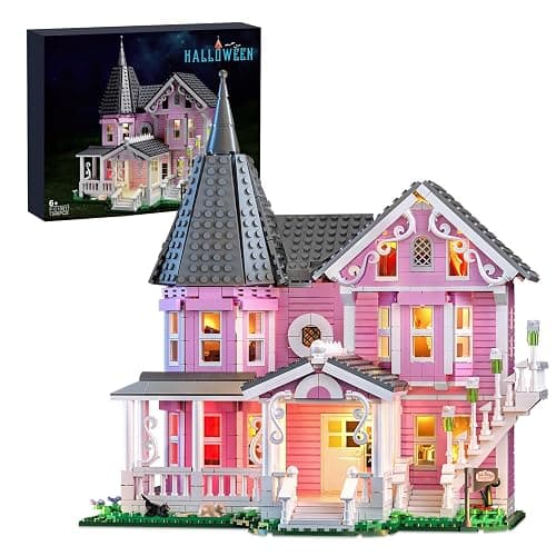 Pink Palace House Building Set with Lights, 1349PCS Halloween Haunted House Blocks Compatible with Lego, Christmas Birthday Gifts for Kids Adults Aged 8+ - Image 1