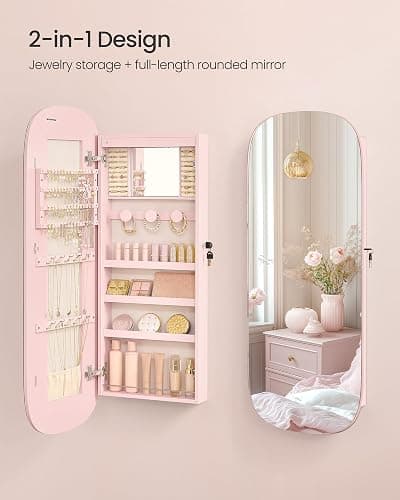 SONGMICS Jewelry Organizer, LED Jewelry Cabinet Wall/Door Mounted, Lockable Rounded Wide Mirror with Storage, Christmas Gift 3.9 x 16.5 x 42.5 Inches, Jelly Pink Surface with Cream White Lining thumbnail 5
