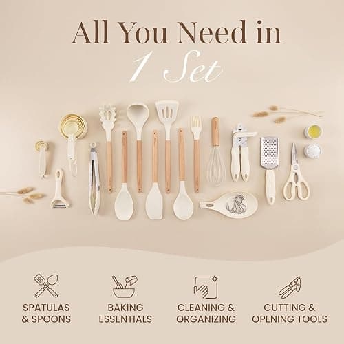 Kitchen Non Stick Cooking Utensils Set – Heat Resistant Silicone Utensils with Wooden Handle – Ladles, Spoons and Spatulas Set – Kitchen Tools & Accessories – 35pcs, Cream – by Nuovva thumbnail 5