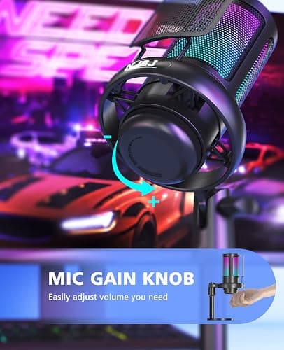 NJSJ USB Microphone for PC, Gaming Mic for PS4/ PS5/ Mac/Phone,Condenser Microphone with Touch Mute, RGB Lighting,Gain knob & Monitoring Jack for Streaming,Podcasting (with Desktop Stand, Black) thumbnail 4
