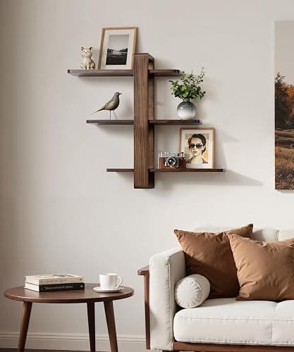 SUMGAR Wandregal Holz Walnussfarbe, Schweberegal, Hängeregal Größer, Praktische Dreistöckig Dekorative Regale aus Massive Holz für Wohnzimmer Schlafzimmer, Abnehmbarer Bretter, 50x58cm thumbnail 3