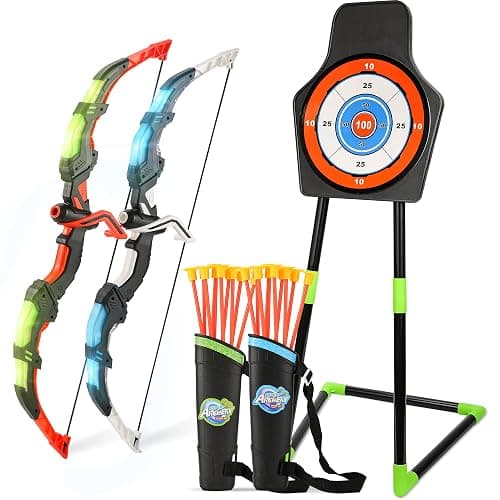 Bow and Arrow Set for Kids, 2-Pack LED Light Up Archery Set with 20 Suction Cup Arrows, Indoor and Outdoor Toy for Boys Girls Age 4-8 8-12 with Standing Target&2 Quivers, Birthday Gift 3-12 Years Old - Image 1