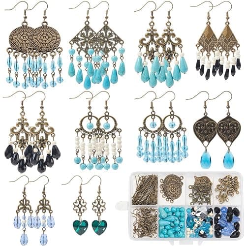 SUNNYCLUE 1 Box 10 Sets Chandelier Earring Making Kit Tibet Style Bohemian Charms Boho Earrings Bulk Lucky Turquoise Bead Glass Beads for Jewelry Making Kits DIY Dangle Earrings Women Adult Supplies - Image 1