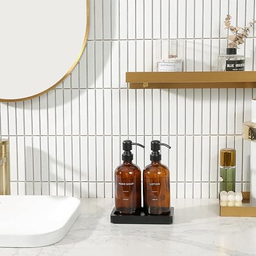 Prus Waso Amber Glass Soap Dispenser Set, Hand Soap and Lotion Set with Black Stainless Steel Pump, Perfect for Modern Bathroom Decor. (Amber) thumbnail 2