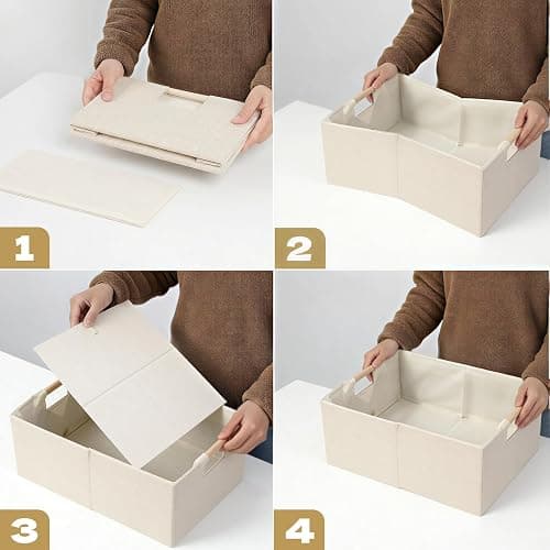 Foldable Fabric Storage Basket for Shelves, Linen Decorative Storage Bin with Wooden Handles, Small Organizer Cube for Closet, Rectangle Canvas Box for Organizing, Decor, 15x10.6x6 Inches (Beige) thumbnail 5
