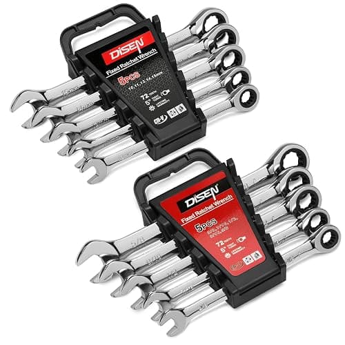 DISEN 10Pcs Ratcheting Wrench Set SAE & Metric Ratchet Wrench Set with Rack Organizer, Premium CR-v Steel, 12 Point, 72 Teeth,Box End and Open End Ratcheting Wrench Set,Metric 10-15mm&SAE 3/8''-5/8'' - Image 1