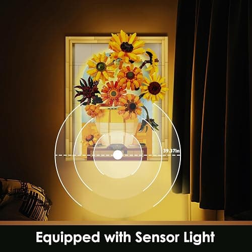 JMBricklayer Flowers Sunflower Building Sets for Adults with Lights 70004, Van Gogh Wall Art Crafts, Plants Painting Frame for Room Home Office Decor, Flower Birthday Gifts Ideas for Women Girls Teens thumbnail 4