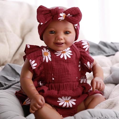BABESIDE 2 Pcs Reborn Baby Doll Clothes for 17-22 Inch Dolls, Baby Doll Outfit Accessories with Floral Pattern fit Realistic Babydolls Girl Boy, Wine Red thumbnail 6