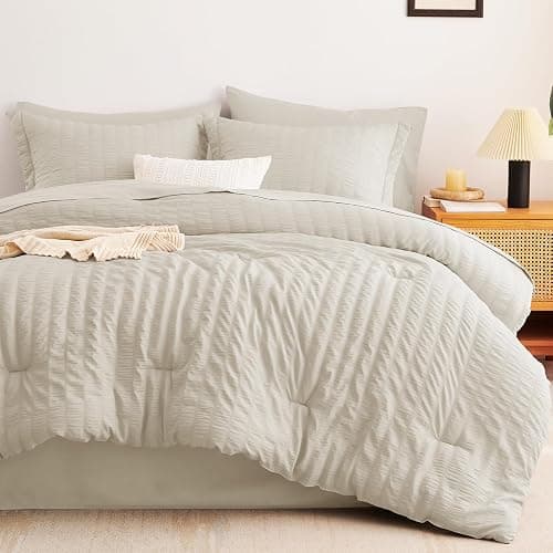 CozyLux Queen Comforter Set Oatmeal Seersucker 7 Pieces Bed in a Bag Queen Comforter Set with Sheets Luxury Soft Bedding Set with Down Alternative Comforter, Sheets, Pillowcases & Shams for All Season thumbnail 9