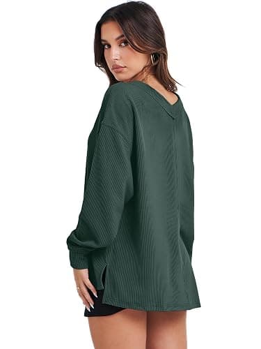 ANRABESS Oversized Long Sleeve Shirts for Women Off the Shoulder Sweatshirt Loose V Neck Tunic Tops High Low Sweater 2025 thumbnail 5