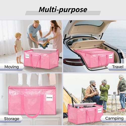 8 Pack Extra Large Heavy Duty Moving Bags, Pink Storage Bins with Lids, Reinforced Handles & Heavy-Duty Zippers Moving Boxes Storage Bags Totes for Clothes Packing, Dorms, College Supplies, Pink thumbnail 6