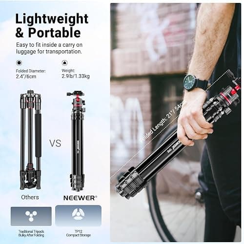 NEEWER Basics 66.5"/169 cm Travel Tripod for Camera, Lightweight Portable DSLR Stand with Ball Head, Arca Type QR Plate, Cell Phone Holder Compatible with iPhone Video Recording, Max Load 11 lb, TP12 thumbnail 2