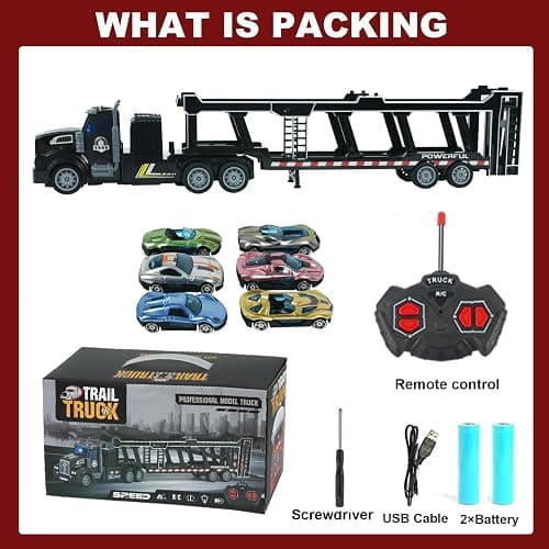 CALEST Remote Control Car Transporter Truck Includes 6 Cars, 14" 1:48 Car Transporter Semi Truck Toy, Equipped with 2 Rechargeable Batteries, Gifts Ideas for Boys Age 3-8 Year Old thumbnail 6